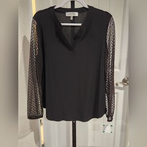 Kasper Black Blouse with Sheer Polka Dot Sleeves